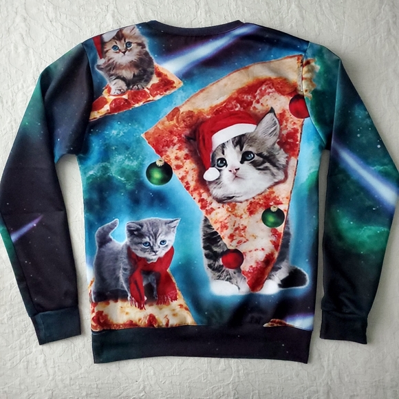 Cats & Pizza Blue Christmas Holiday Sweatshirt, Size Medium/ Large - Picture 7 of 12